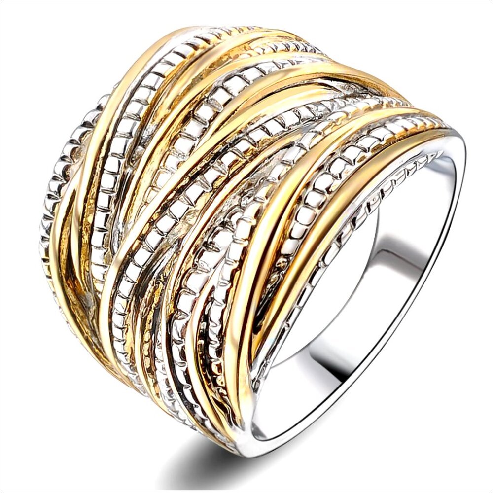 Chunky Statement Ring Size 8 Gold Silver Two-Tone Interwoven Band